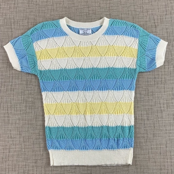 Vintage Lightweight Geometric Knit Striped Yellow Blue Shirt Sleeve Sweater Sz M - Picture 2 of 8